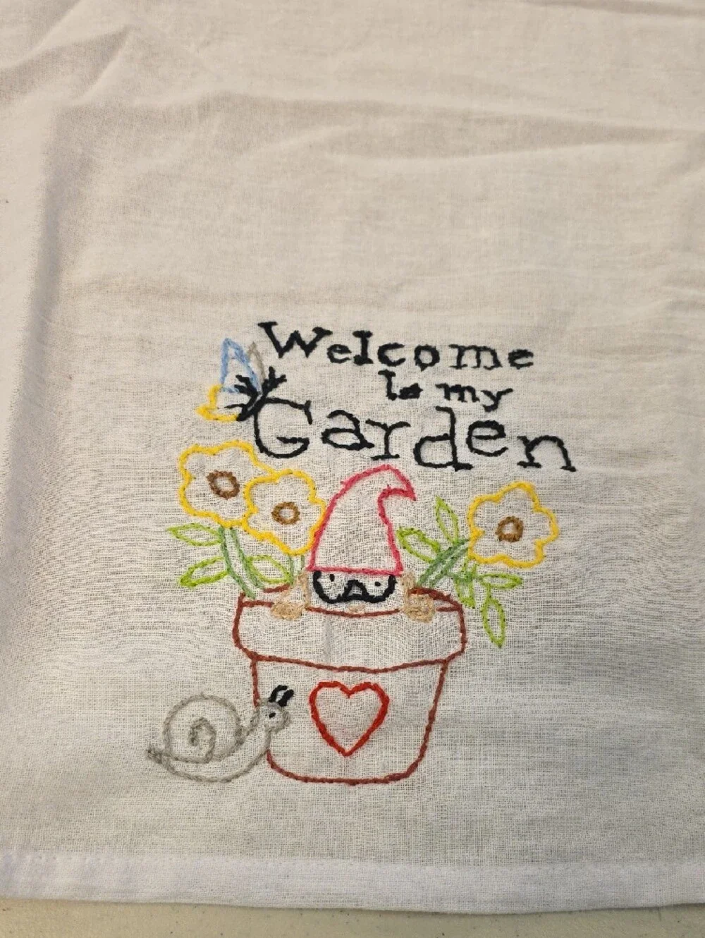Welcome to My Garden Embroidered White Kitchen Towel